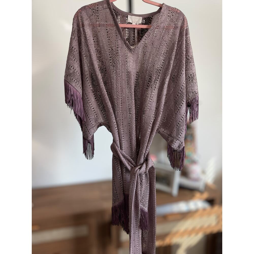 NWT Alexis Fringe Trim V-Neck Knit Mini Sweater Dress Purple Women's Size Small